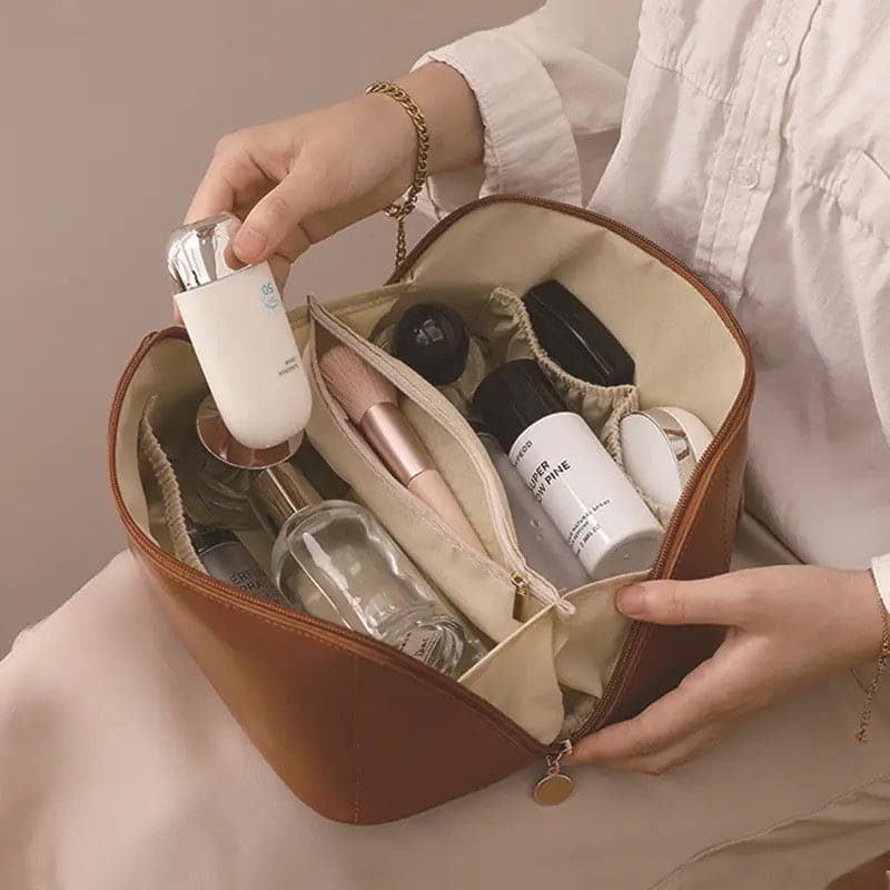 Classy Cosmetic Bag, Portable Leather Makeup Pouch, Waterproof Travel Washbag, Large Opening Makeup Bag, Multifunctional Leather Organizer Bag With Dividers And Handle, Lay Flat Large Opening Makeup Bag Classy Cosmetic Bag, Portable Leather Makeup Pouch, Waterproof Travel Washbag, Large Opening Makeup Bag, Multifunctional Leather Organizer Bag With Dividers And Handle, Lay Flat Large Opening Makeup Bag